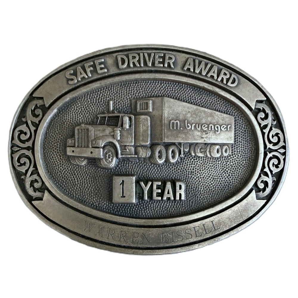 M. Bruenger Trucking 1981 Safe Driver Award Belt Buckle Solid Brass Vintage